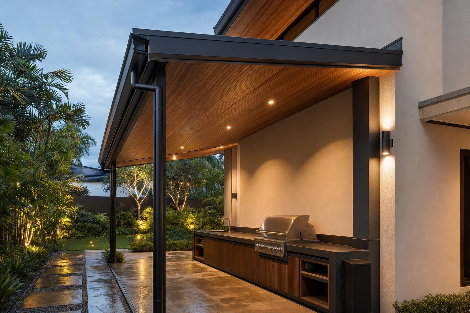 Canopy & entrance shelter · timber-soffit canopy over outdoor BBQ kitchen
