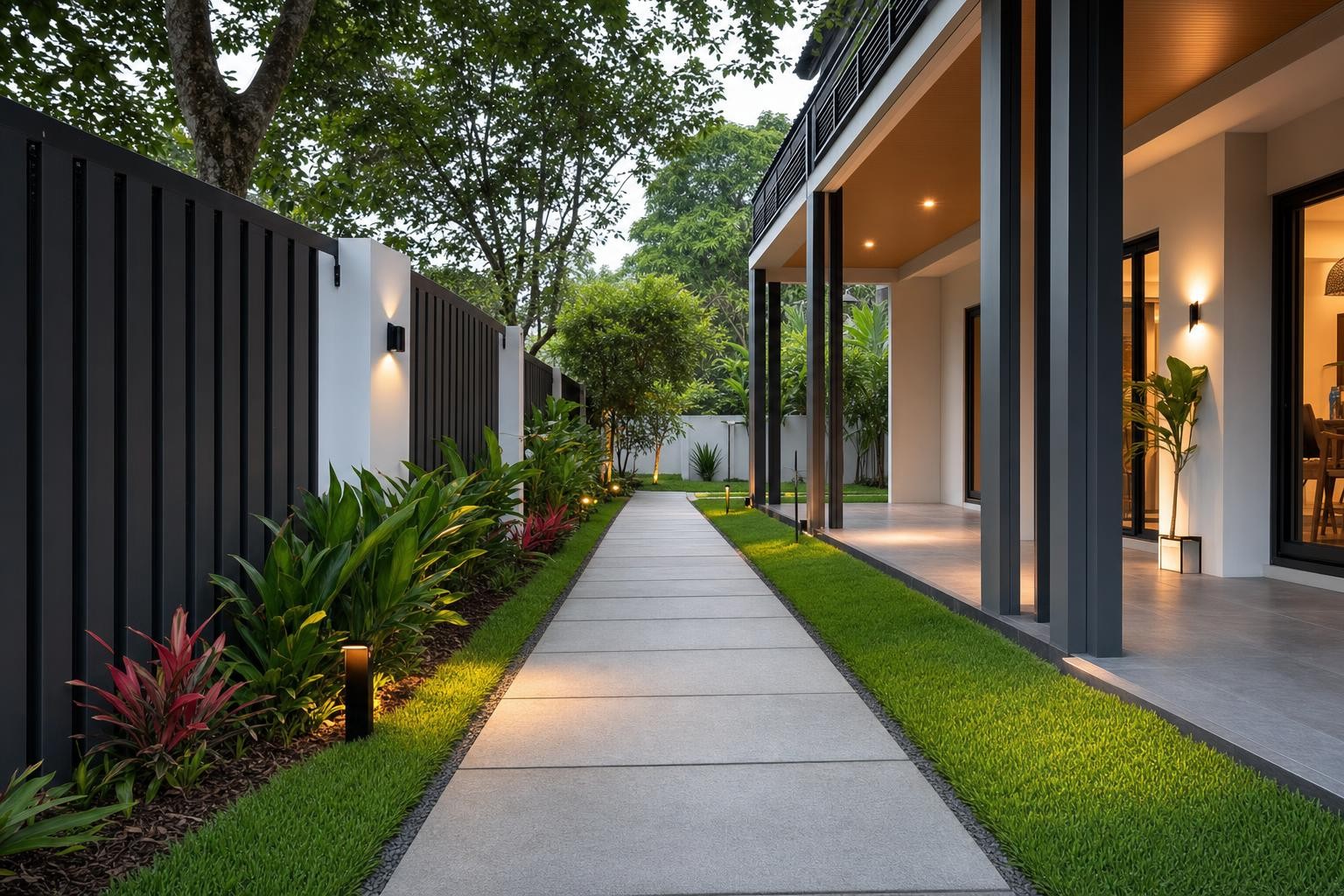 Driveway & surface drainage · side-garden walkway paving with uplit fence