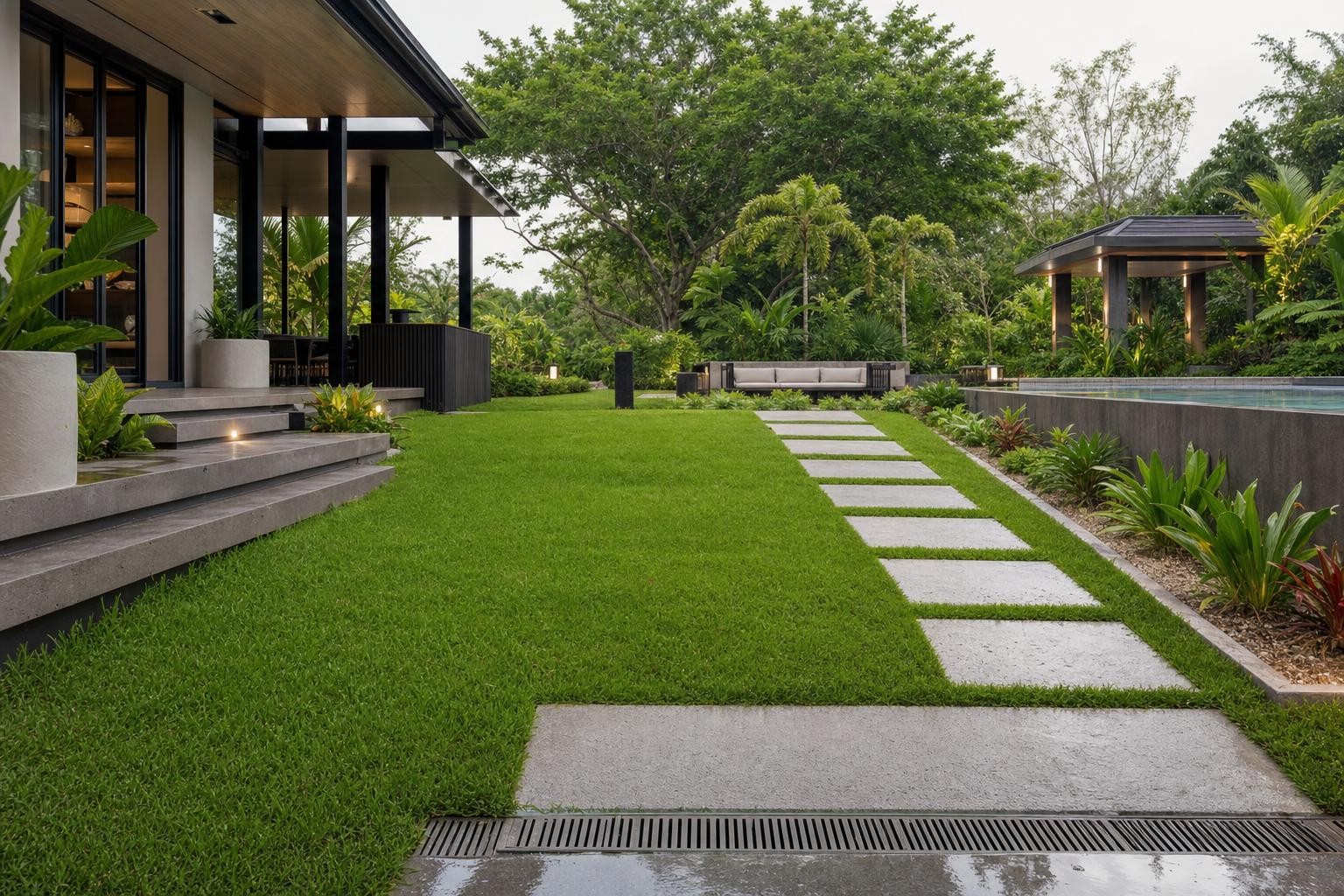 Driveway & surface drainage · lawn stepping-stone path with linear trench drain