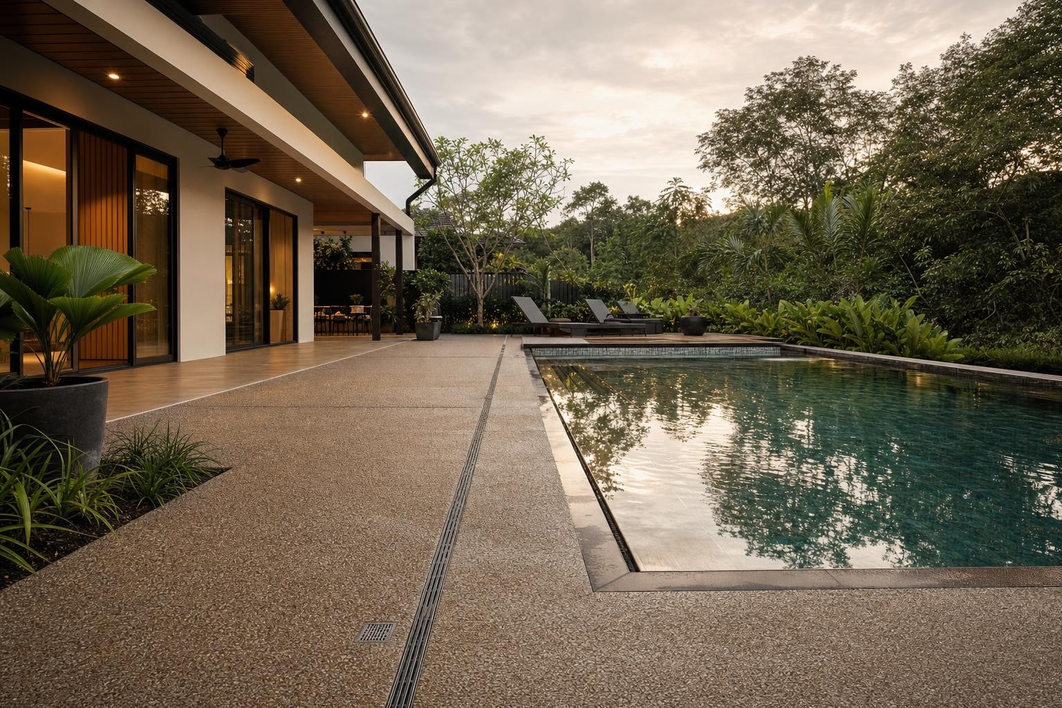 Driveway & surface drainage · pool deck and exposed-aggregate patio paving