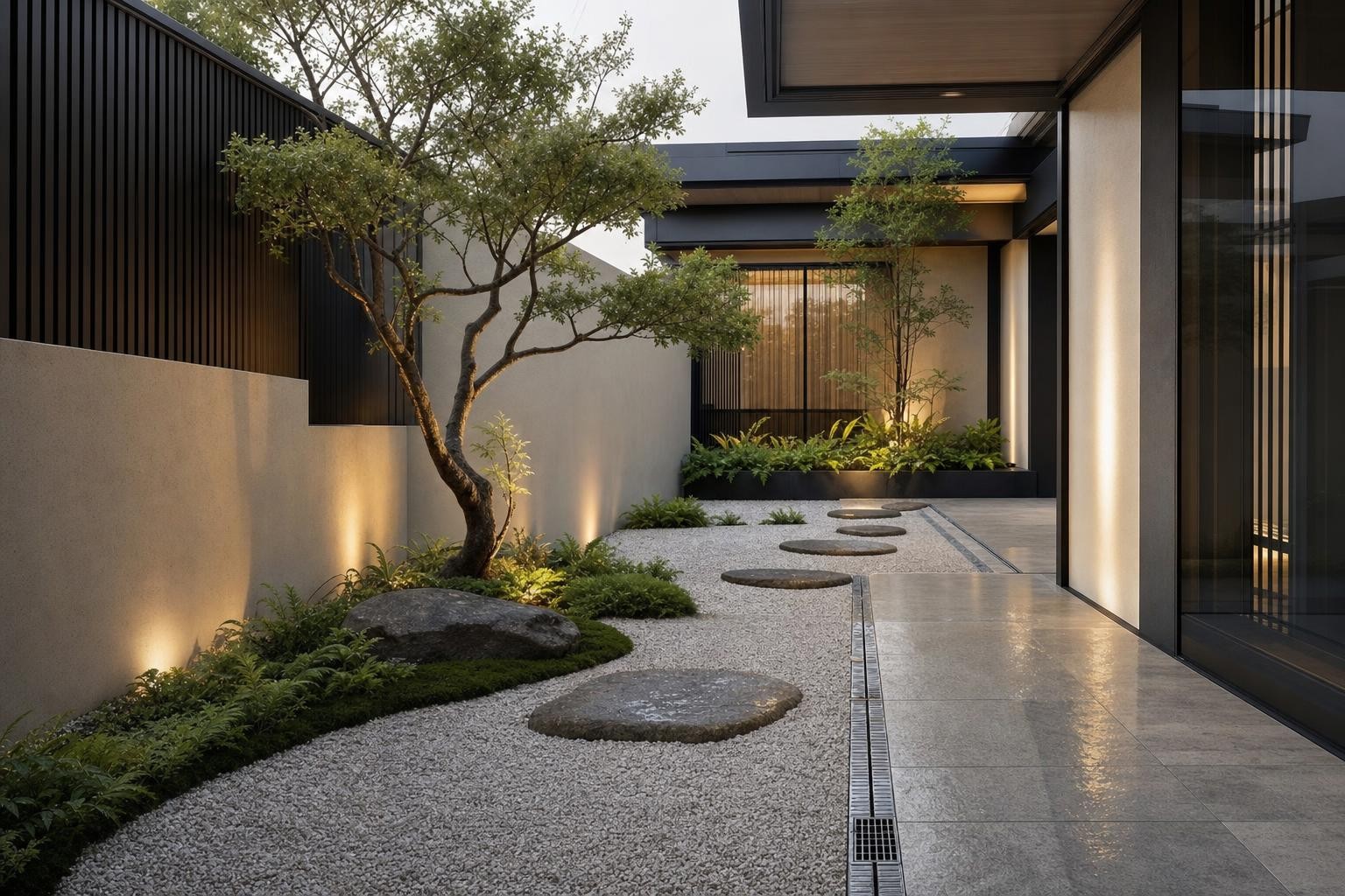 Driveway & surface drainage · gravel courtyard with tree and stepping stones