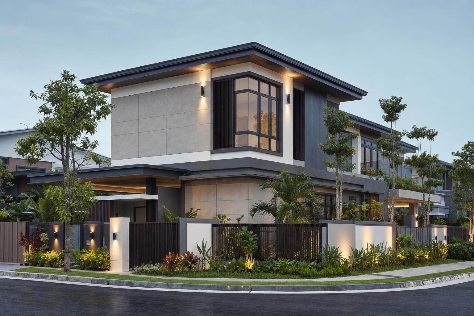 Facade & elevation · corner-lot front and side elevation at dusk