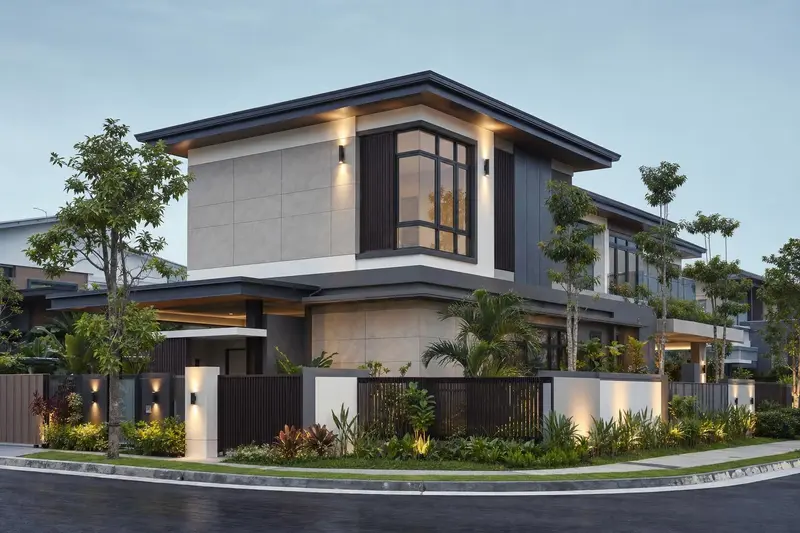 Fasad & elevasi · corner-lot front and side elevation at dusk