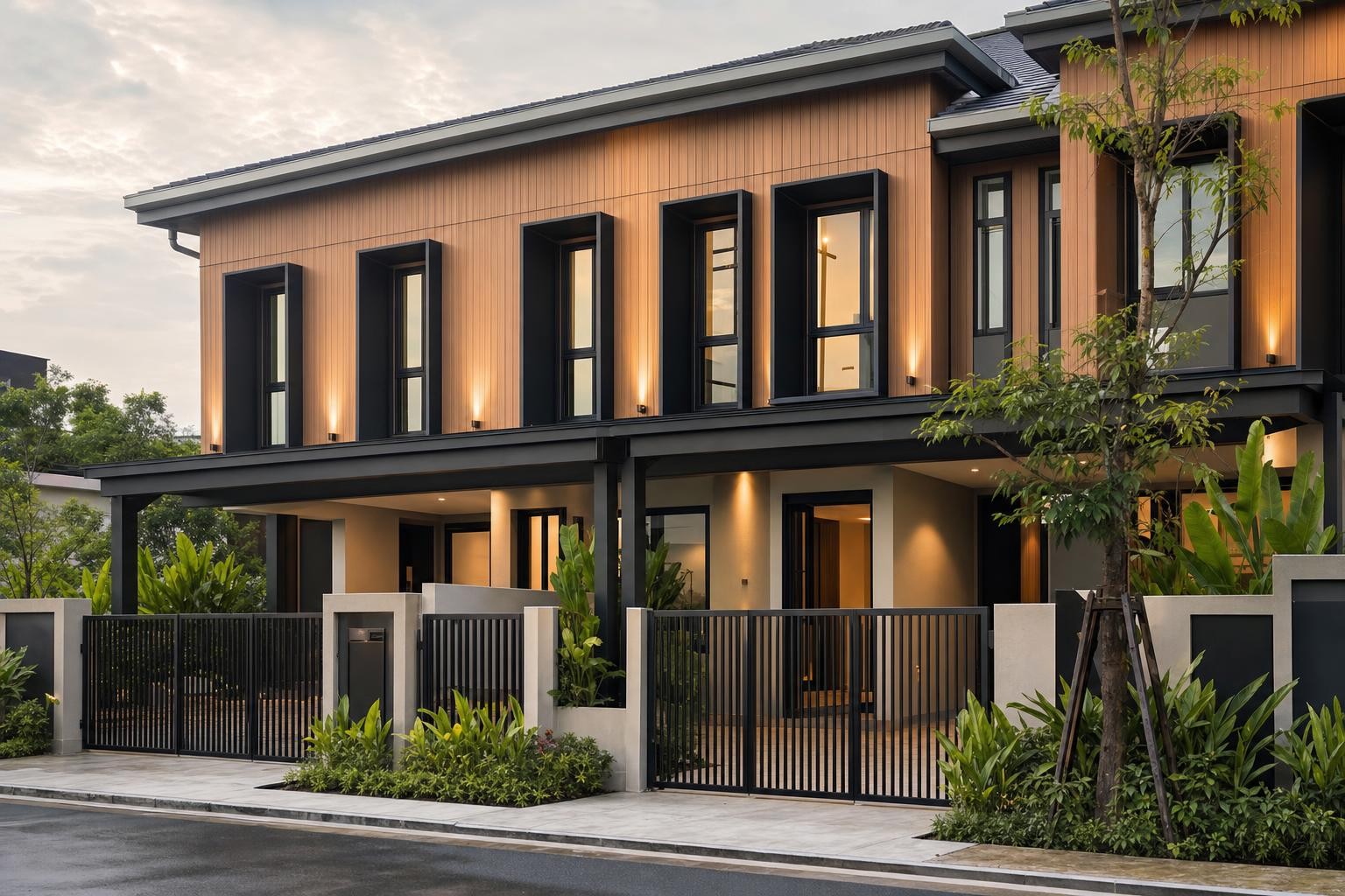 Facade & elevation · timber-clad two-storey frontage, warm dusk lighting