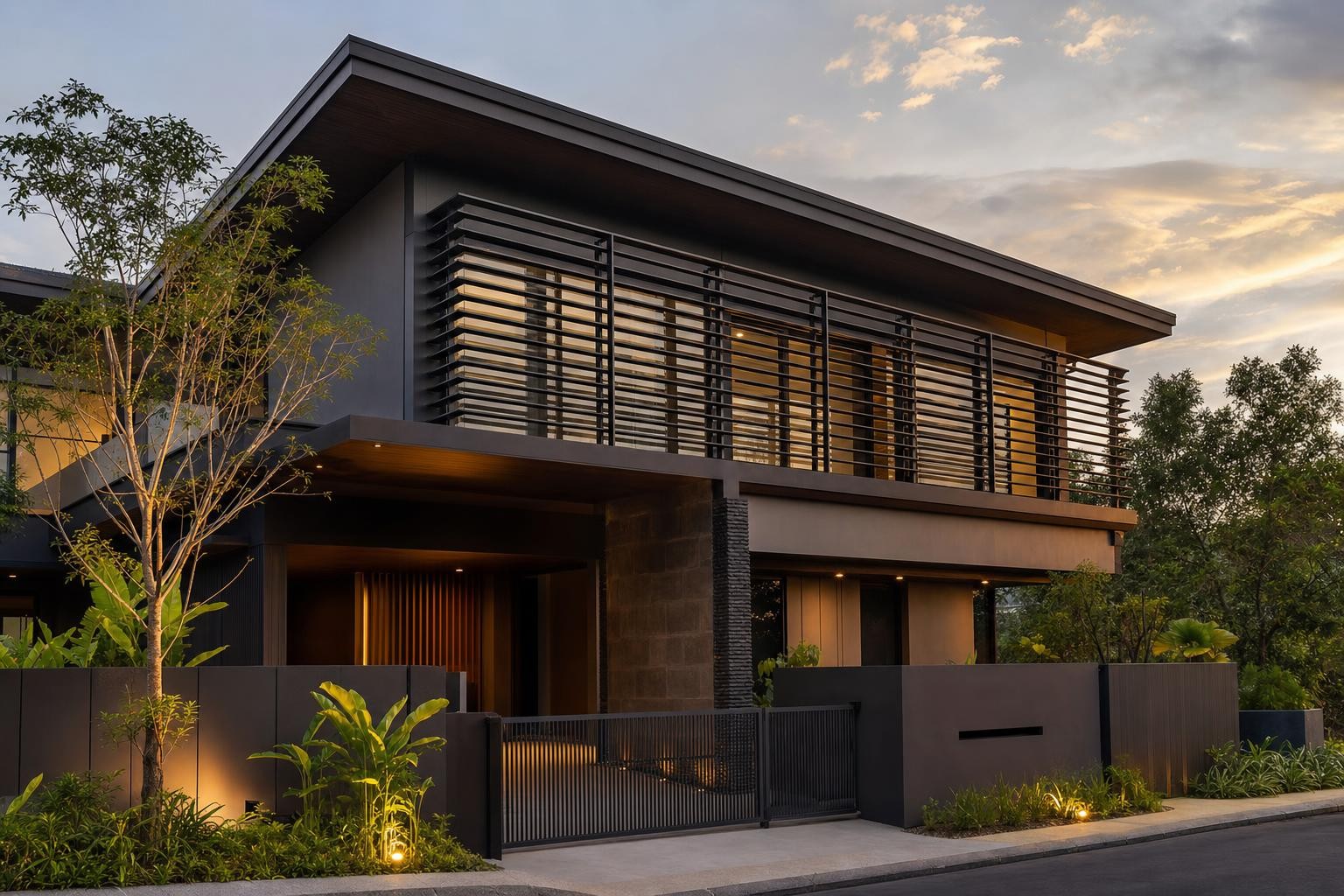 Facade & elevation · louvred two-storey house frontage at sunset