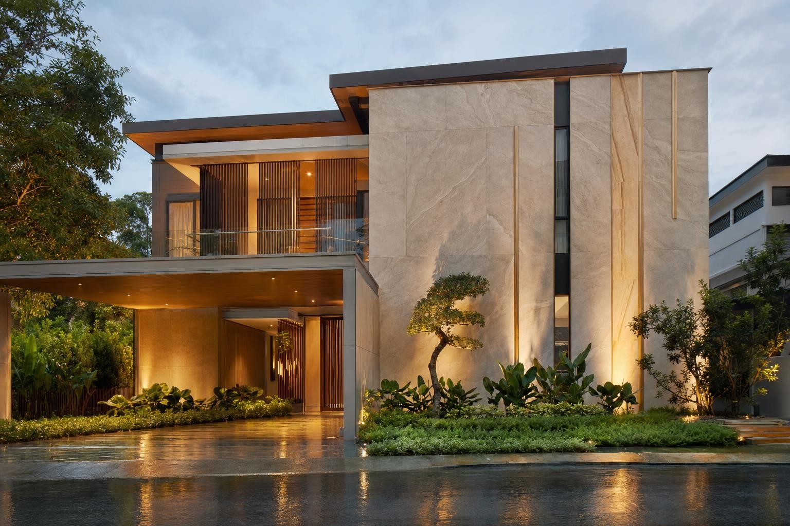 Facade & elevation · stone-clad house facade at dusk
