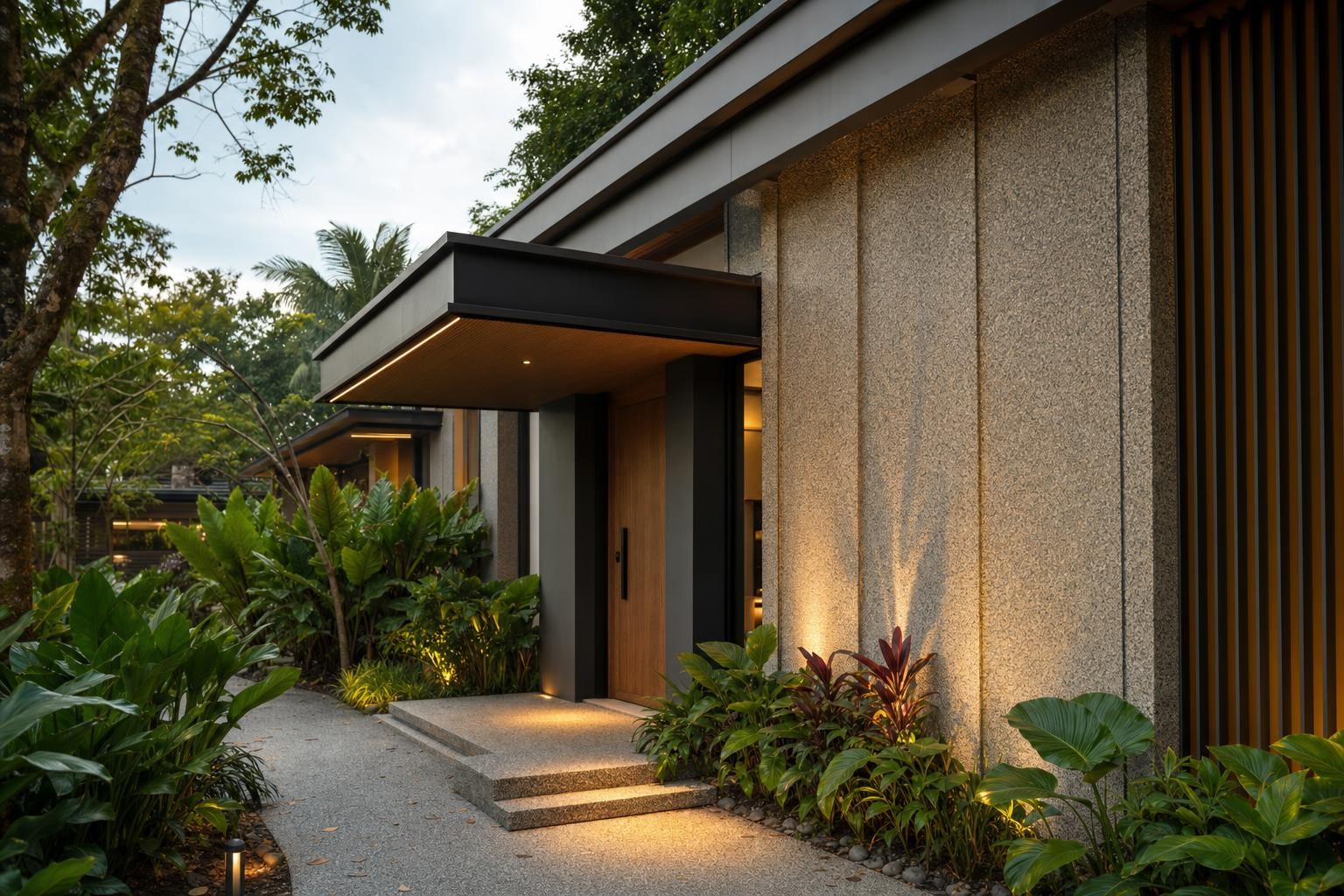 Facade & elevation · entry door and lit granite wall approach