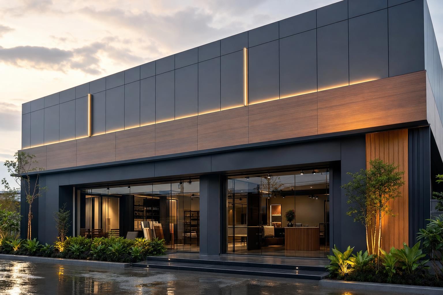 Facade & elevation · commercial showroom shopfront, composite panel facade