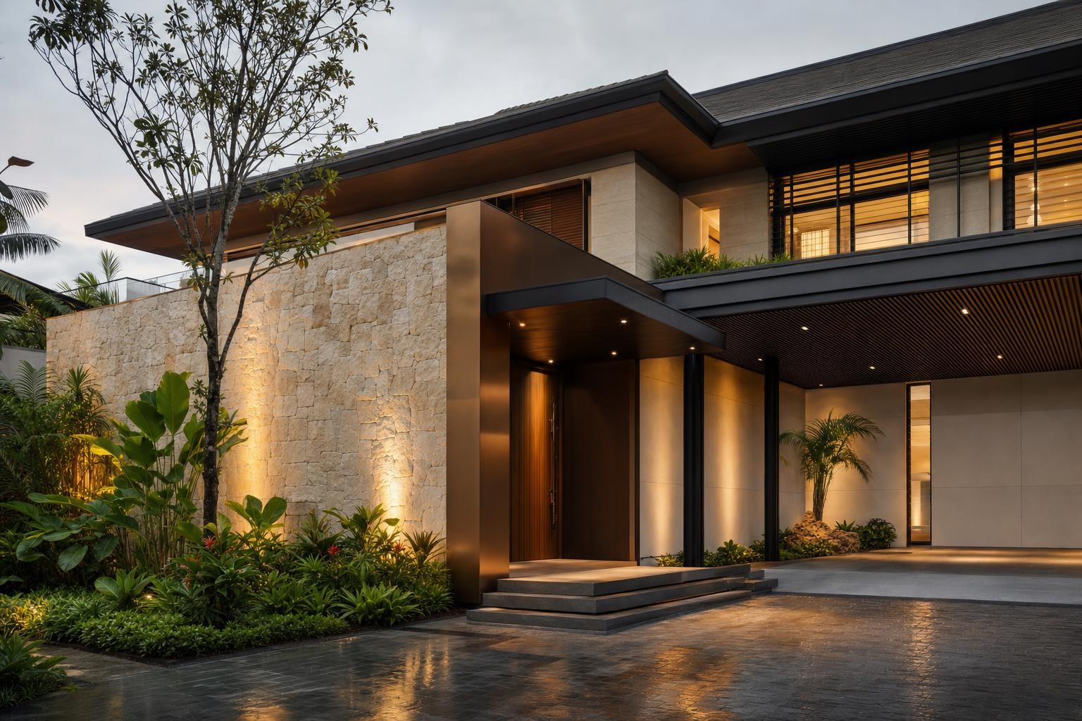 Facade & elevation · entry porch, stone wall and bronze portal