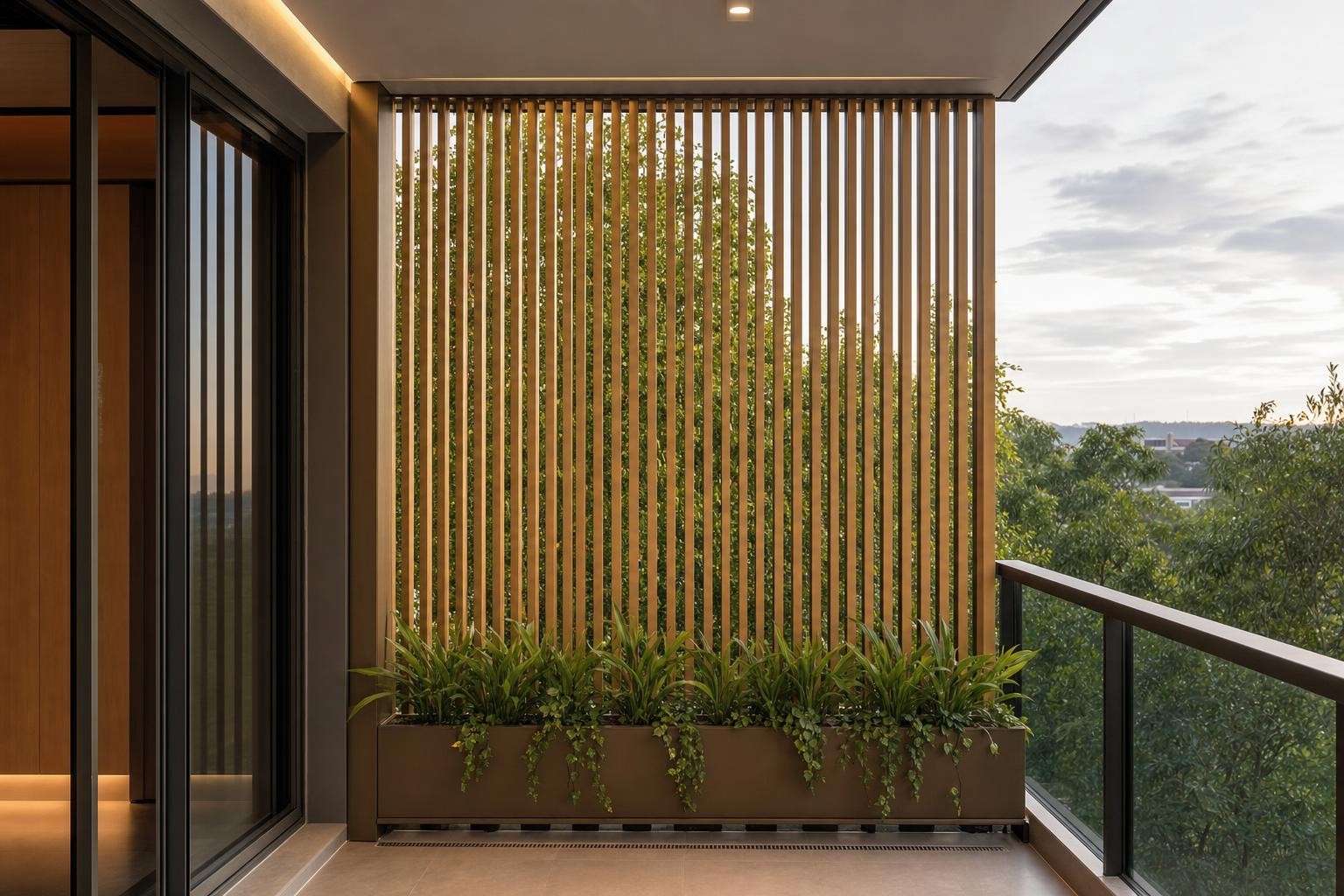 Boundary fence & gate · fixed vertical timber batten screen with planter