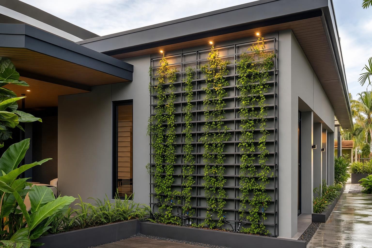 Boundary fence & gate · climbing-plant trellis green screen on facade