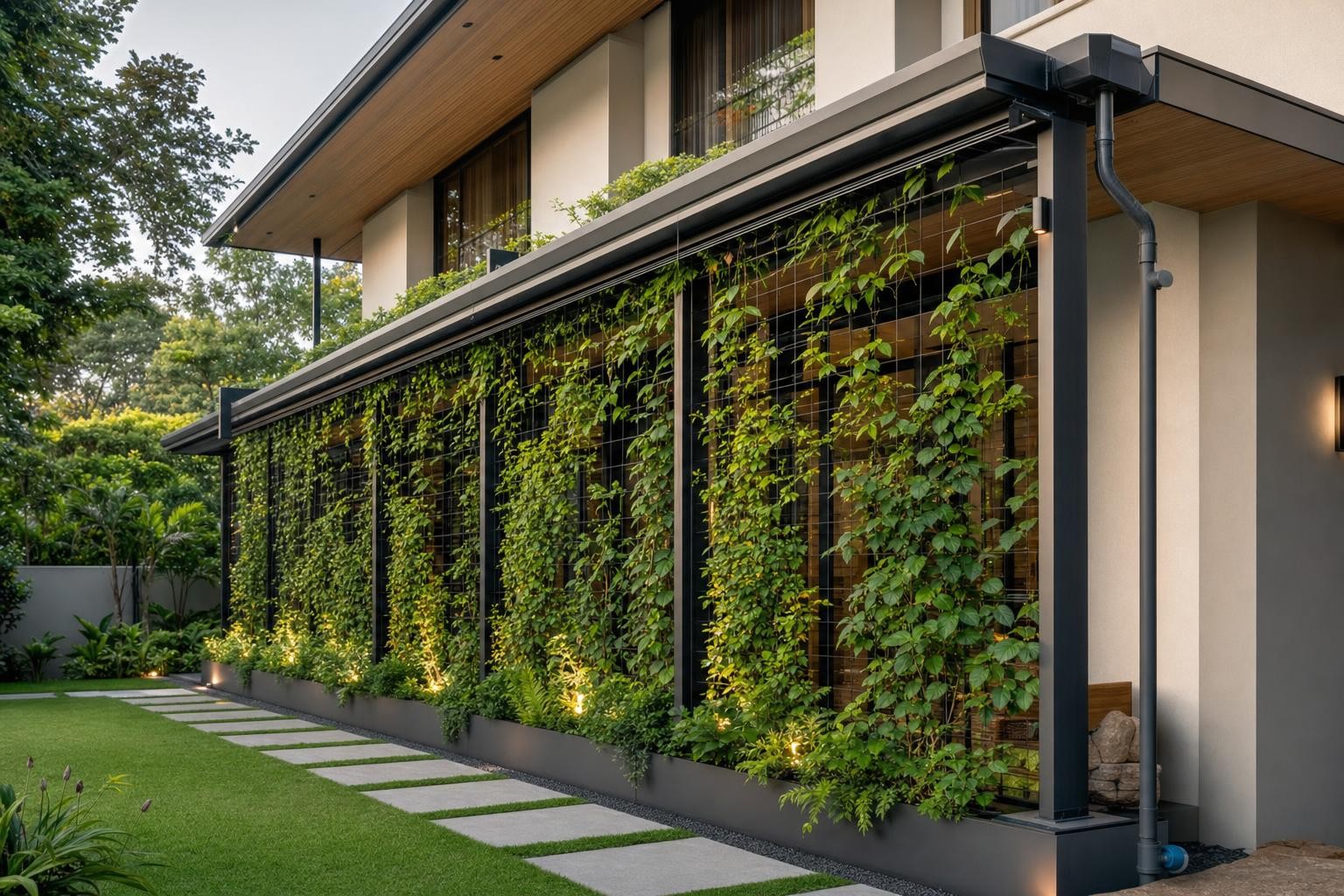 Boundary fence & gate · climbing vine trellis screen along facade
