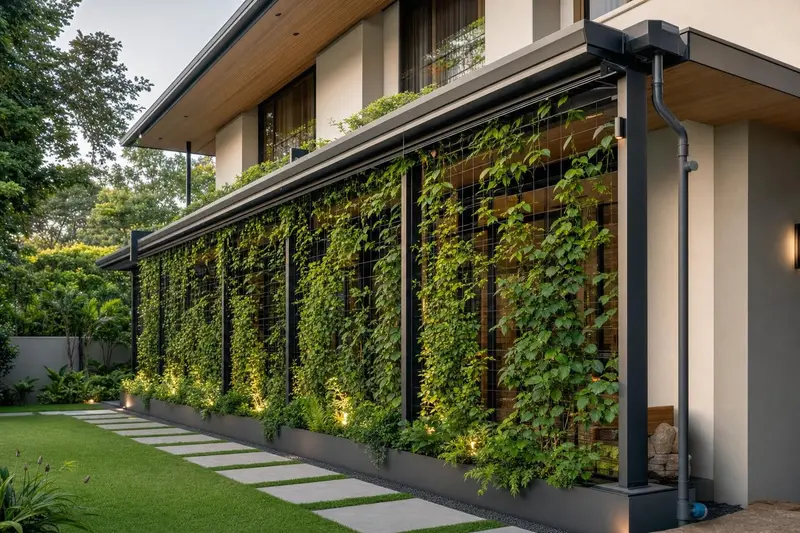 Pagar sempadan & pintu · climbing vine trellis screen along facade