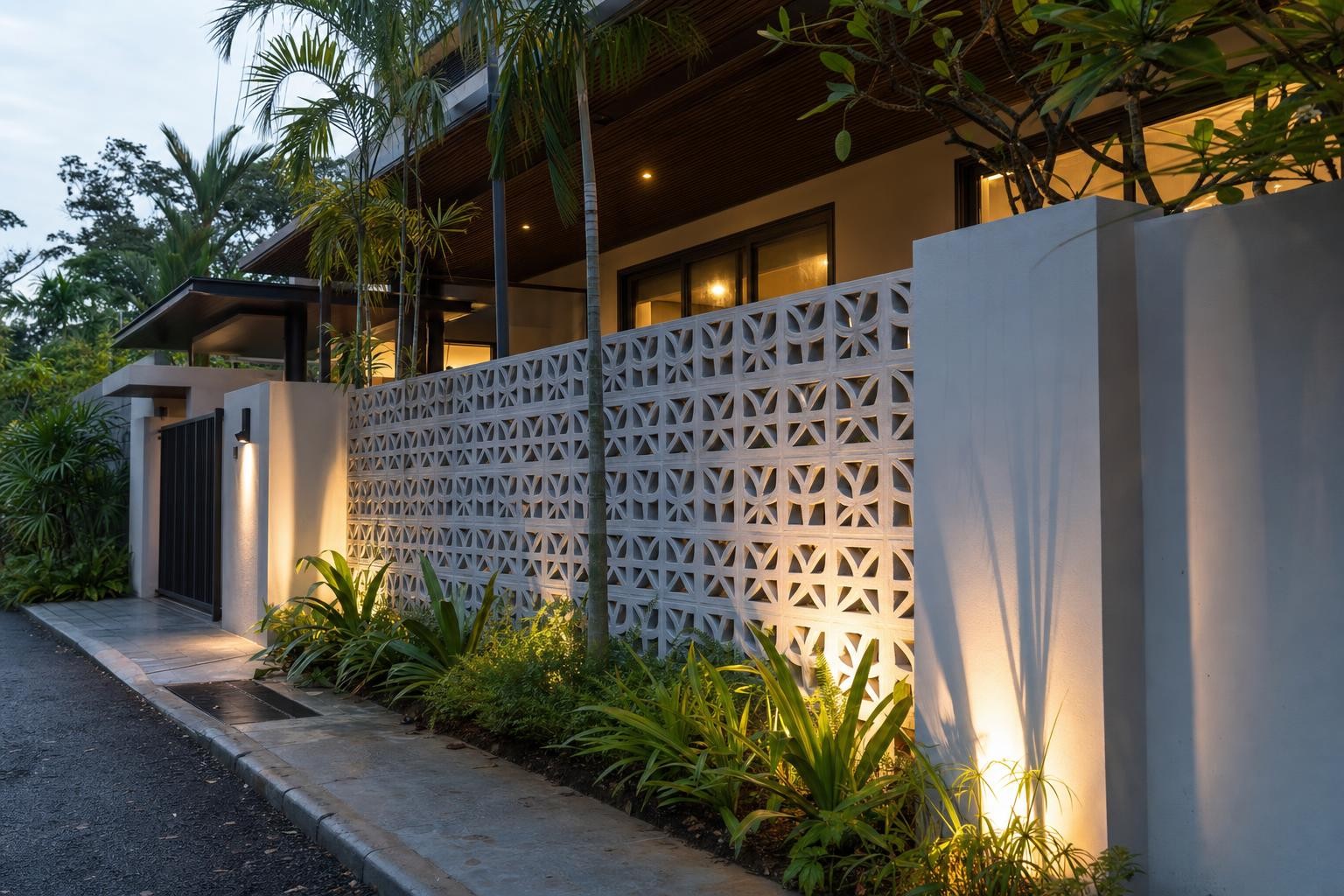 Boundary fence & gate · decorative breeze-block screen boundary wall