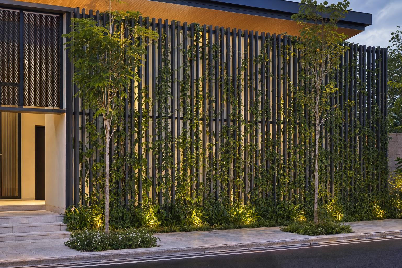 Boundary fence & gate · vertical slat boundary screen with climbing planting