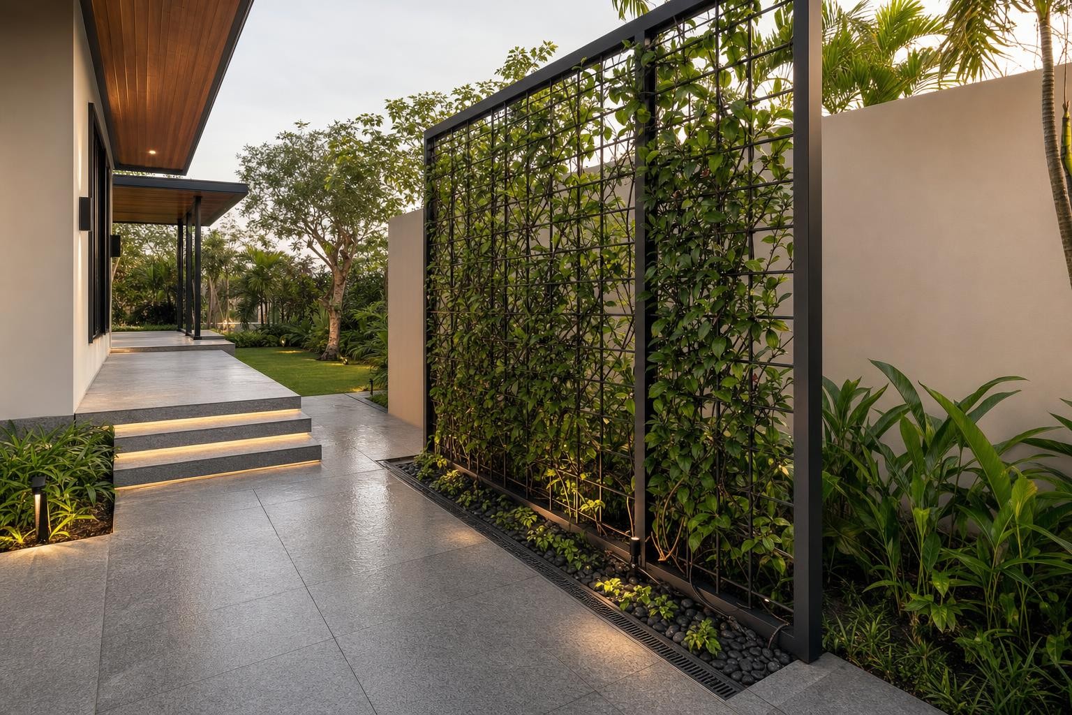 Boundary fence & gate · planted trellis green screen beside paved side yard