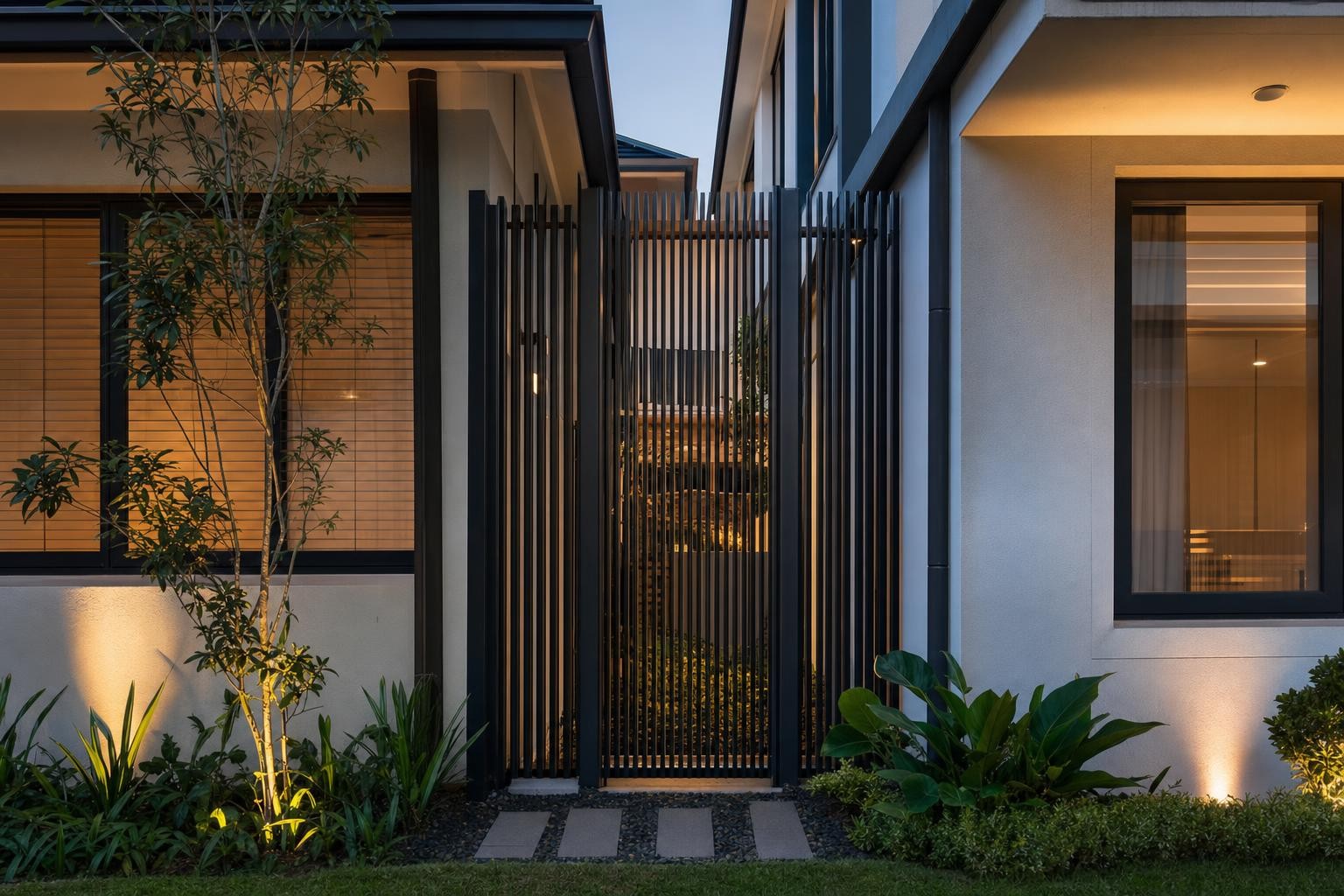 Boundary fence & gate · vertical slat side gate with passage screen
