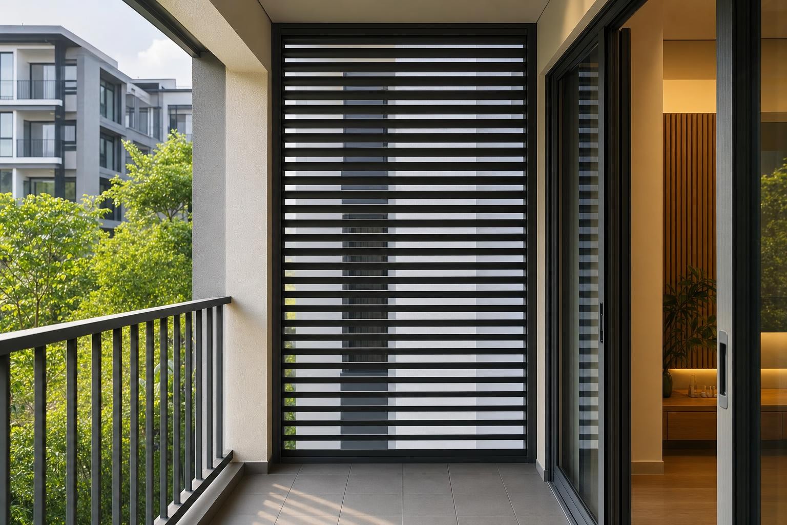 Sun-shading: louvre & fin · fixed horizontal louvre balcony privacy screen