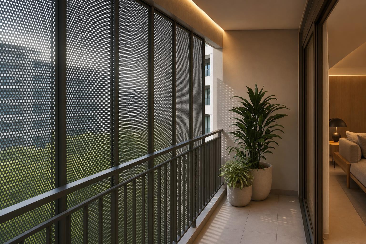 Sun-shading: louvre & fin · fixed perforated metal balcony privacy screen
