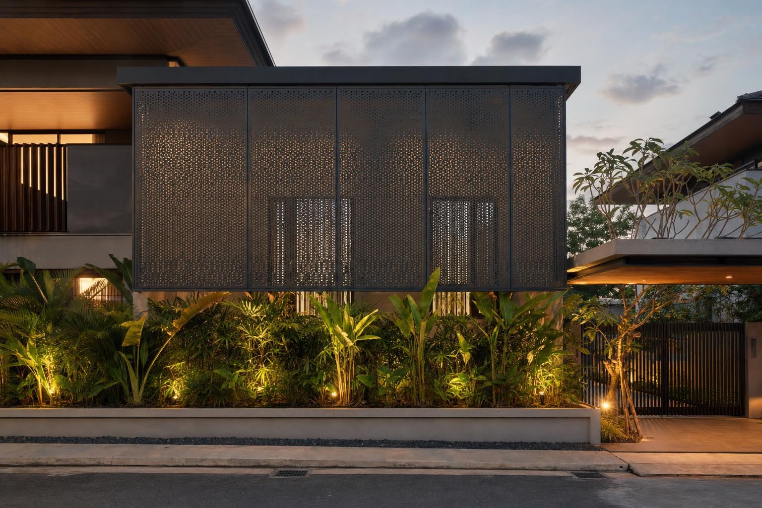 Sun-shading: louvre & fin · perforated metal facade screen box at dusk