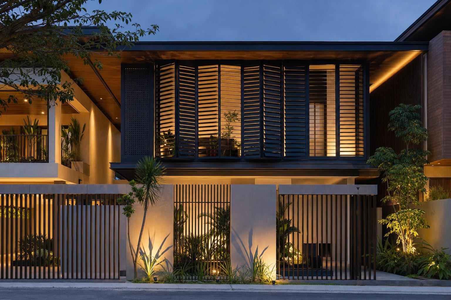 Sun-shading: louvre & fin · operable louvred shutter panels to upper balcony