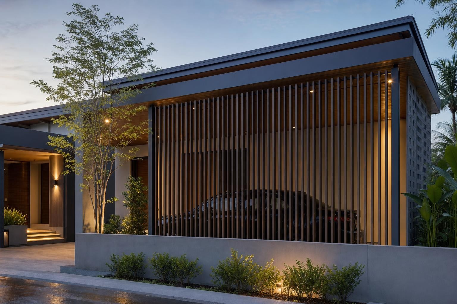 Sun-shading: louvre & fin · vertical fin screen enclosing carport