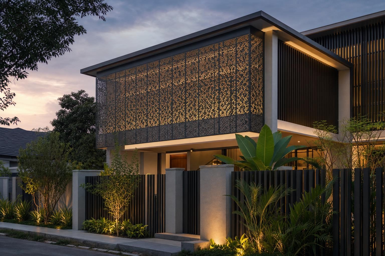 Sun-shading: louvre & fin · perforated metal screen box, upper storey