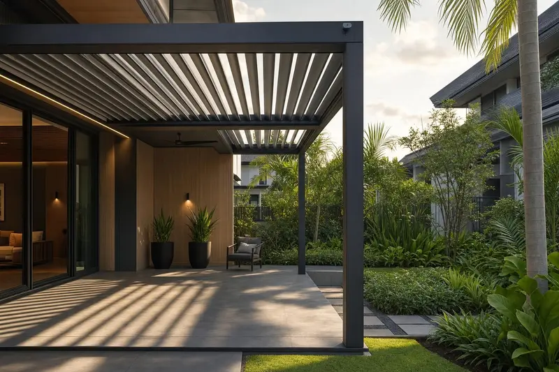Pergola & pavilion louvre · attached louvred aluminium pergola over courtyard patio