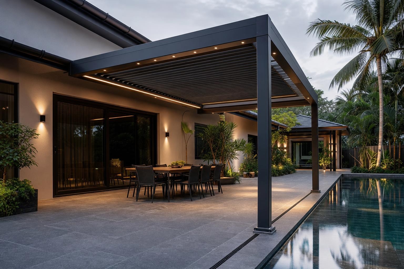 Louvred pergola & pavilion · louvred pergola over poolside dining terrace