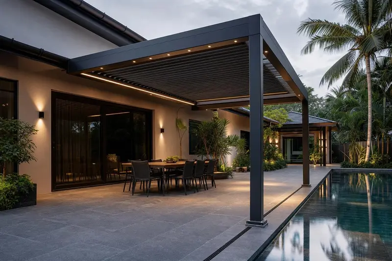 Pergola & pavilion louvre · louvred pergola over poolside dining terrace