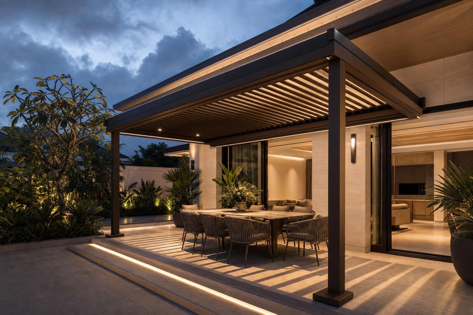 Louvred pergola & pavilion · louvred pergola over dining terrace at dusk
