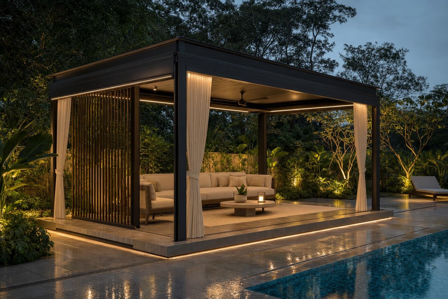 Louvred pergola & pavilion · louvred poolside cabana pavilion with curtains