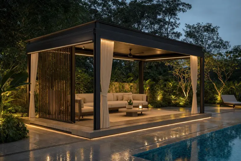 Pergola & pavilion louvre · louvred poolside cabana pavilion with curtains