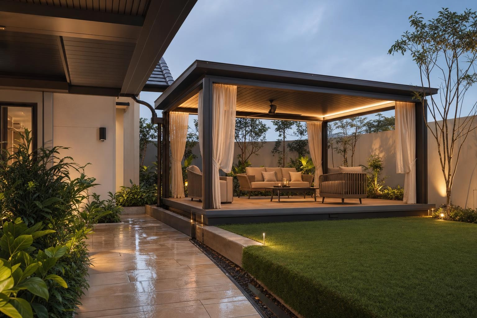 Louvred pergola & pavilion · freestanding garden pavilion with curtains on lawn