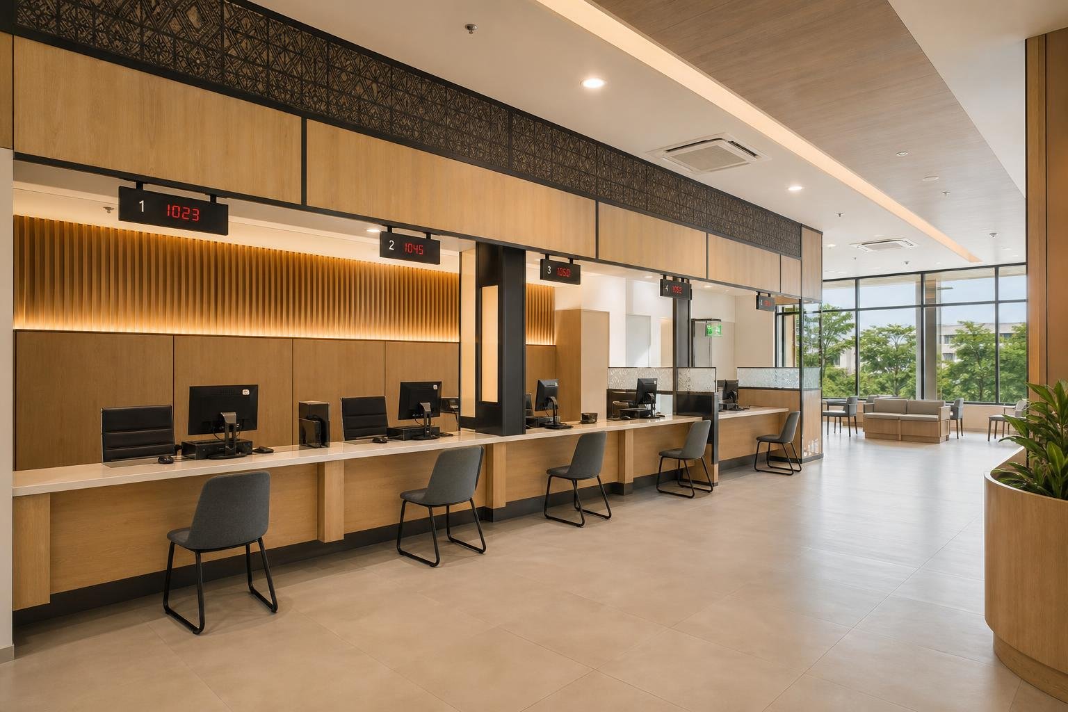 Public counter render: multi-bay counter run with numbered queue displays, fluted fronts