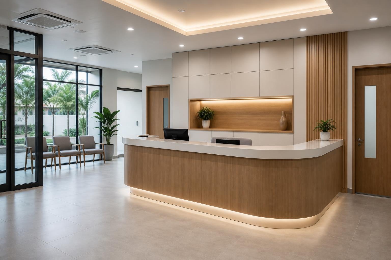 Clinic reception with curved counter, lit toe recess, storage wall and lit timber display niche.