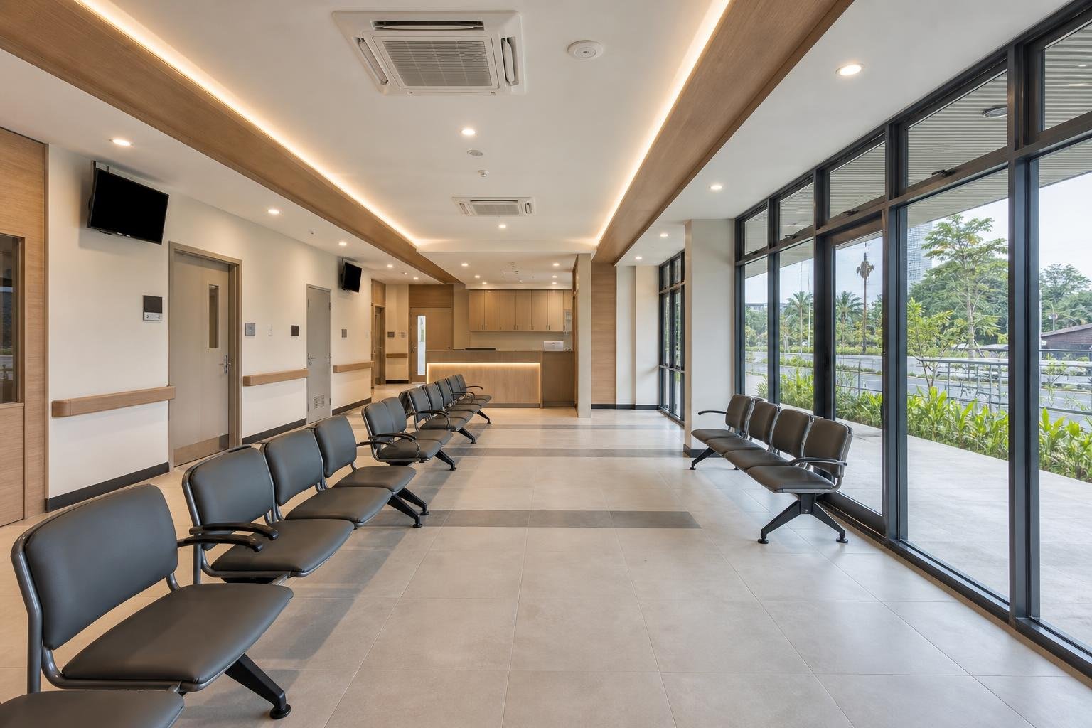 clinic waiting area and reception lobby — concept study