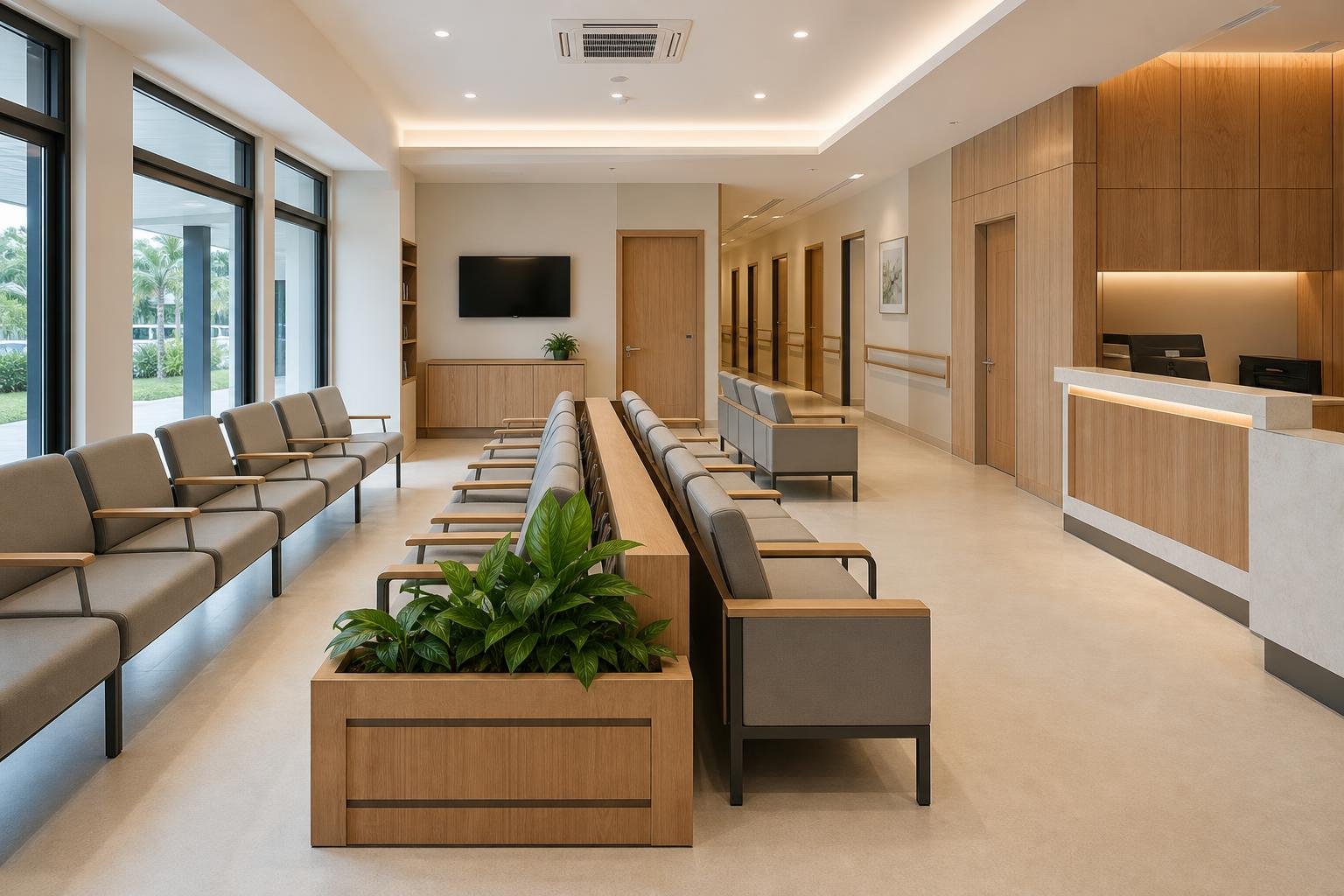 clinic waiting area and reception lobby — concept study