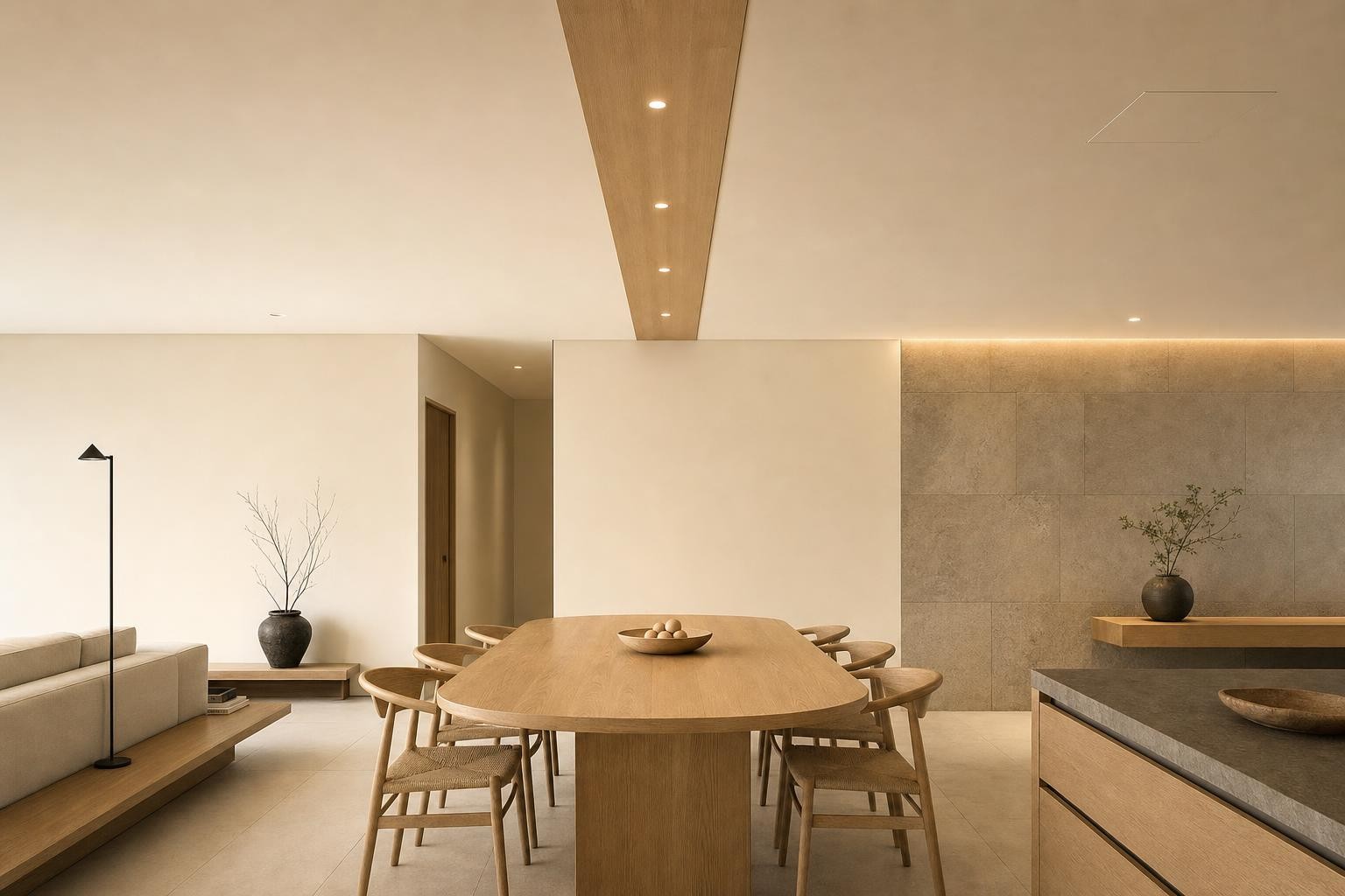 Muji Japandi · Feature ceiling · timber drop bulkhead over dining table, cove beyond