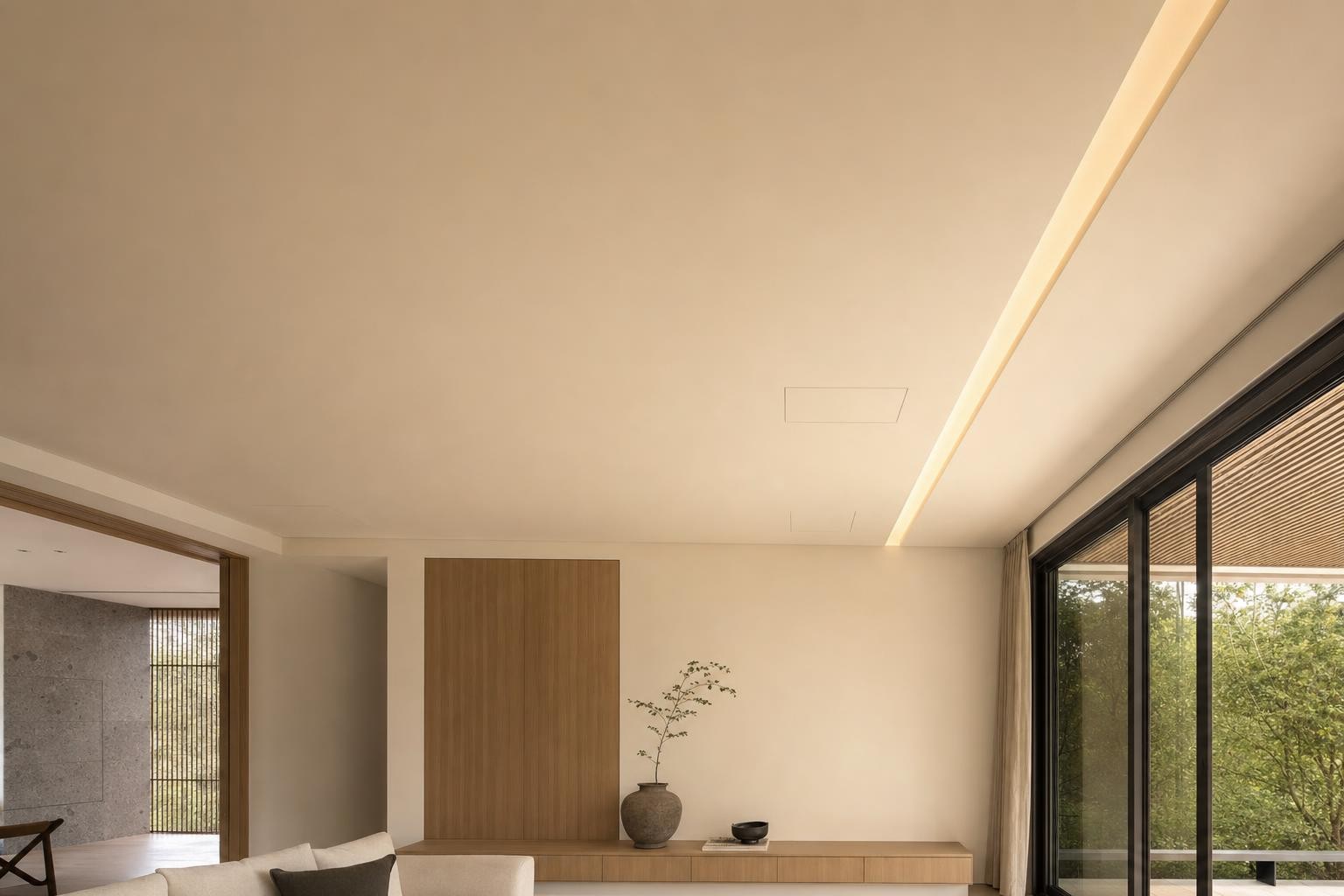 Muji Japandi · Feature ceiling · plain plaster ceiling plane with single cove line