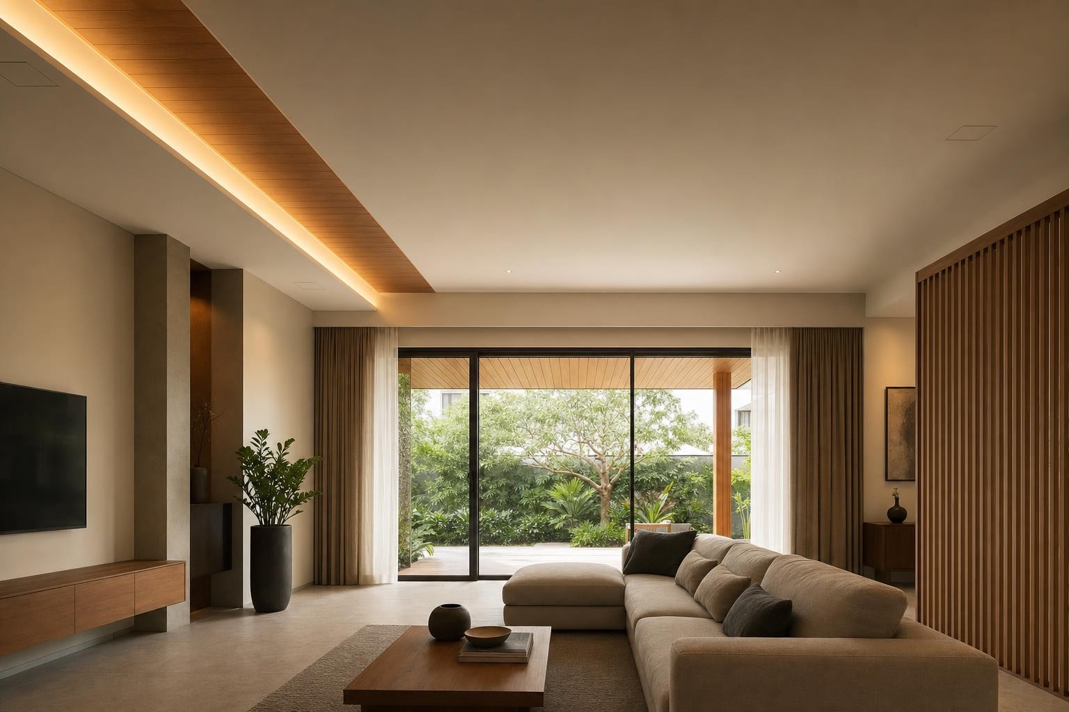 Warm Wood Modern · Feature ceiling · timber-faced ceiling bulkhead with cove strip