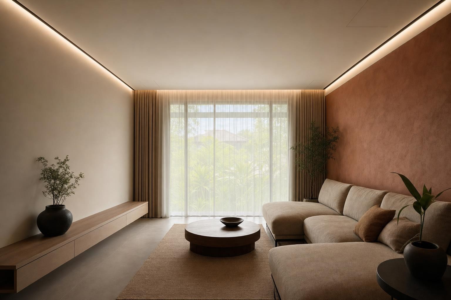 Warm Wood Modern · Feature ceiling · plaster ceiling with perimeter cove, no timber