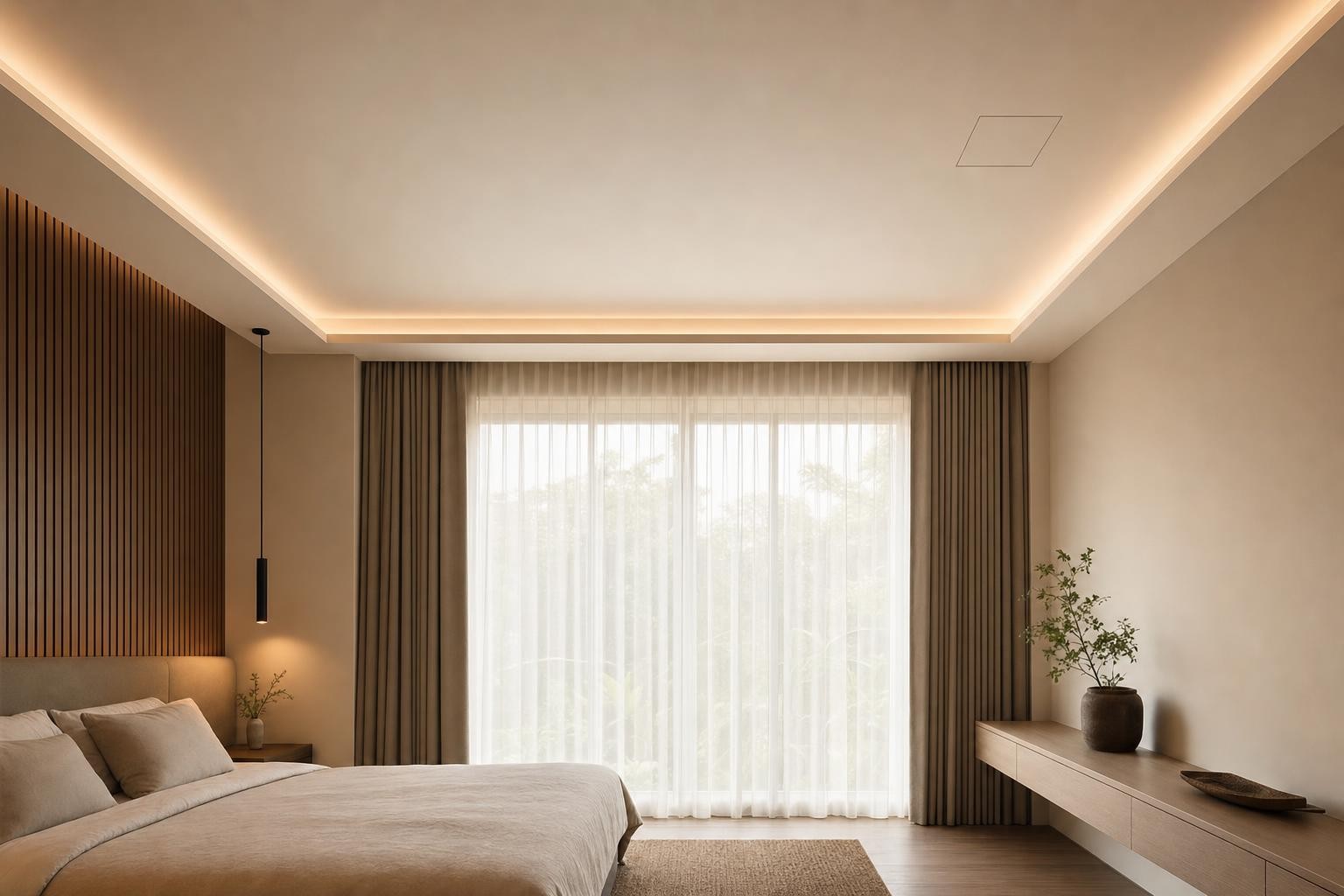 Warm Wood Modern · Feature ceiling · bedroom plaster cove bulkhead, timber wall behind