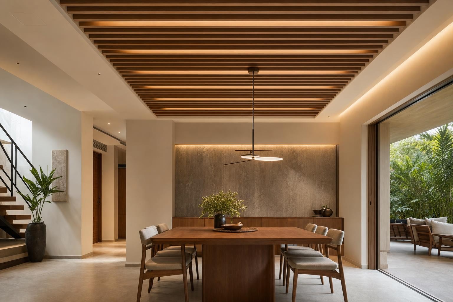 Warm Wood Modern · Feature ceiling · backlit timber slat ceiling raft