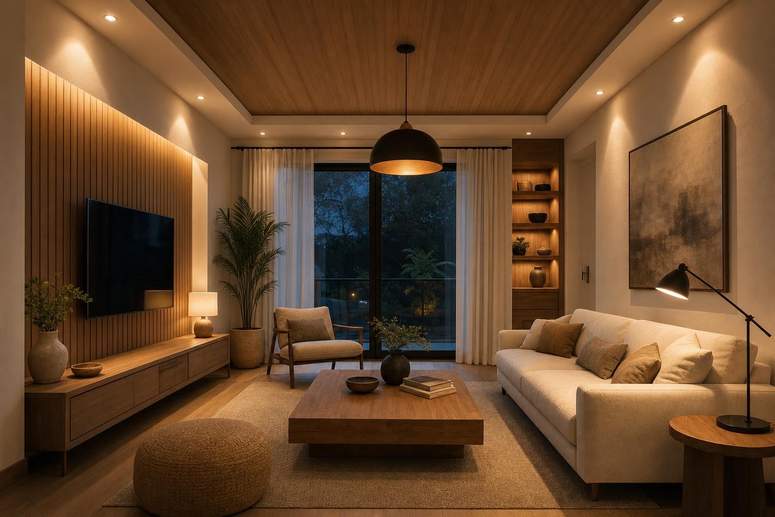 Warm Wood Modern · Feature ceiling · timber tray ceiling with downlights and pendant