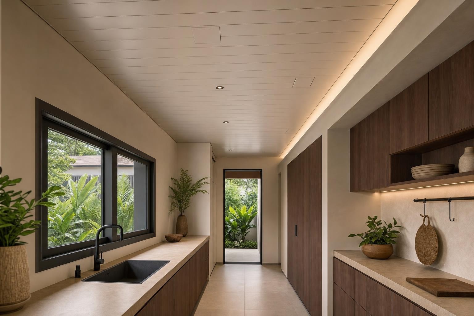 Feature ceiling · painted board ceiling over pantry galley cabinetry