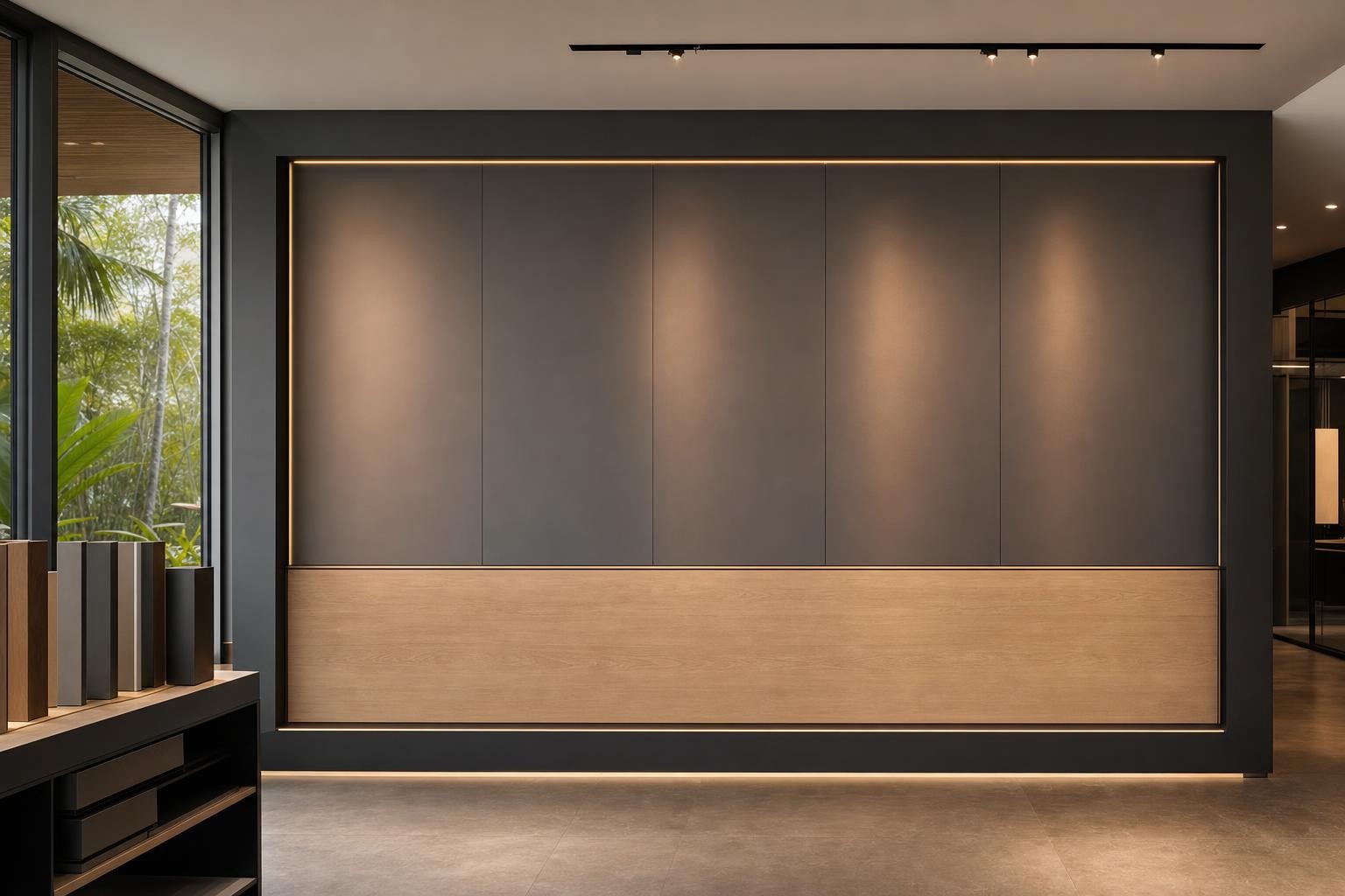 Feature wall · dark flat panel wall with oak band