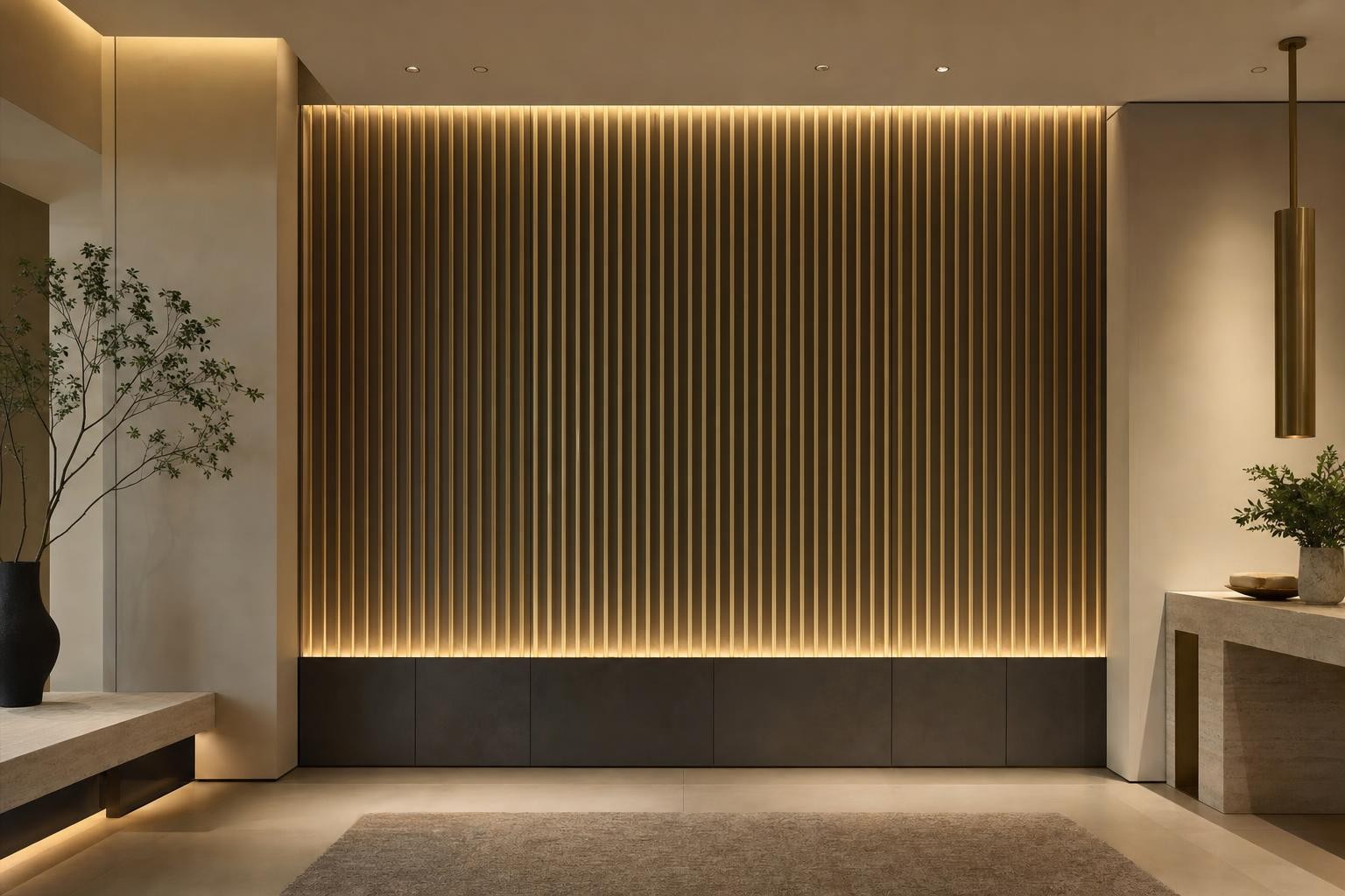 Feature wall · backlit fluted ribbed panel wall, dark plinth