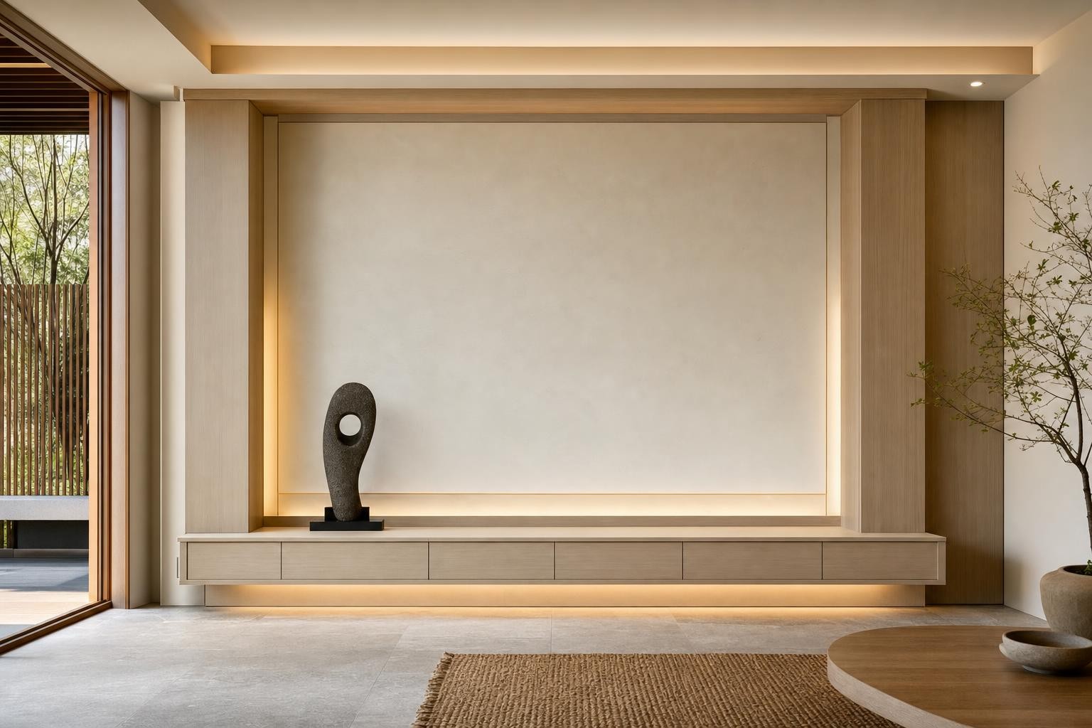 Feature wall · smooth troweled plaster panel in timber reveal
