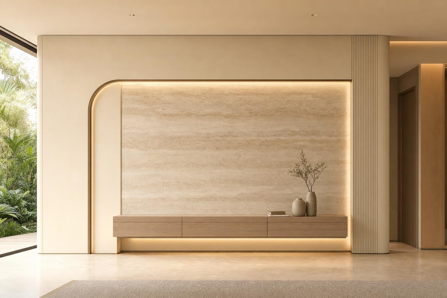 Feature wall · vein-cut travertine wall with curved reveal